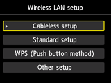 Pantalla de configuración de LAN inalámbrica: Seleccionar Configuración sin cables